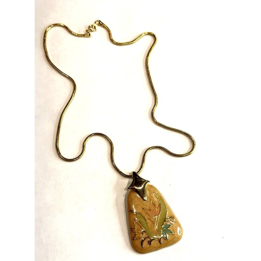 VINTAGE GOLD SNAKE CHAIN TULIP CLOISONNE ENAMEL FLOWER PENDANT 24" NECKLACE EUC